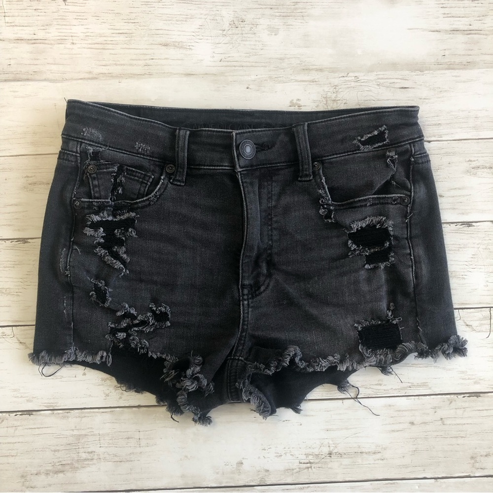 American EAGLE Hi-Rise Shortie Black Distressed Stretch Jean Shorts Size 8